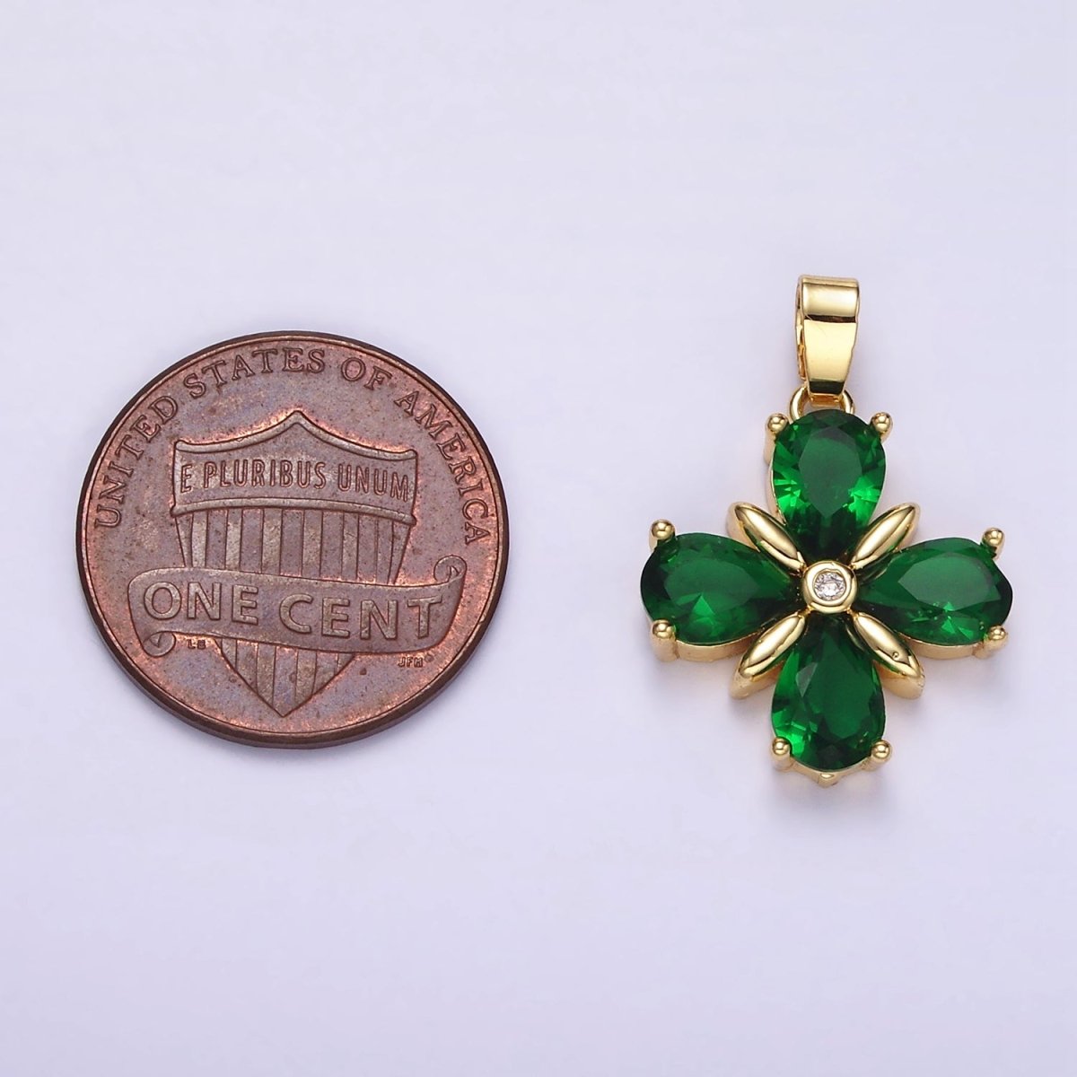 14K Gold Filled Green CZ Quatrefoil Flower Pendant | AA059