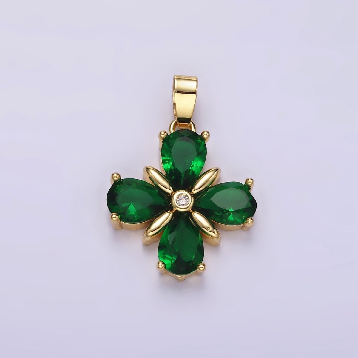 14K Gold Filled Green CZ Quatrefoil Flower Pendant | AA059