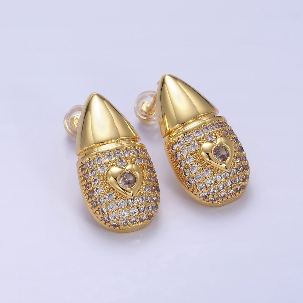 14K Gold Filled Heart Micro Paved CZ Edged Teardrop Stud Earrings | P224