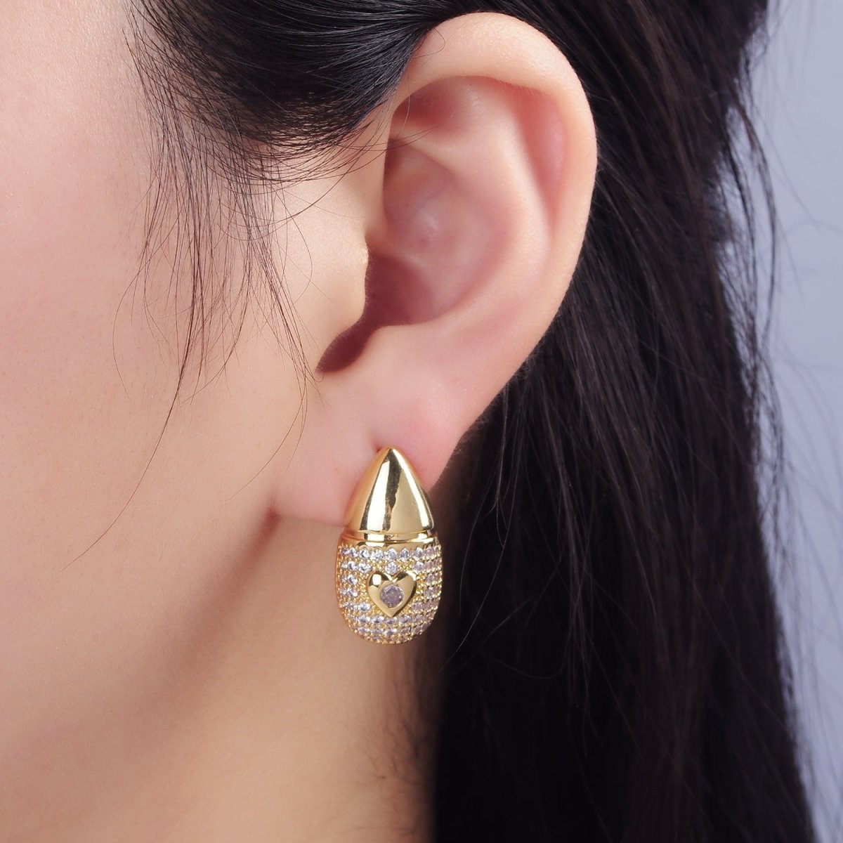 14K Gold Filled Heart Micro Paved CZ Edged Teardrop Stud Earrings | P224