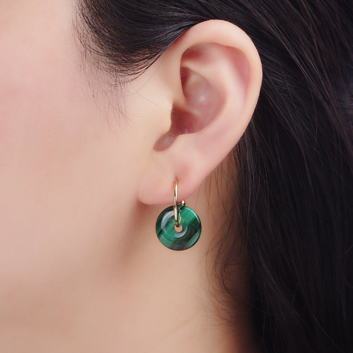 14K Gold Filled Malachite Gemstone Drop C-Shaped Hoop Earrings | AE531