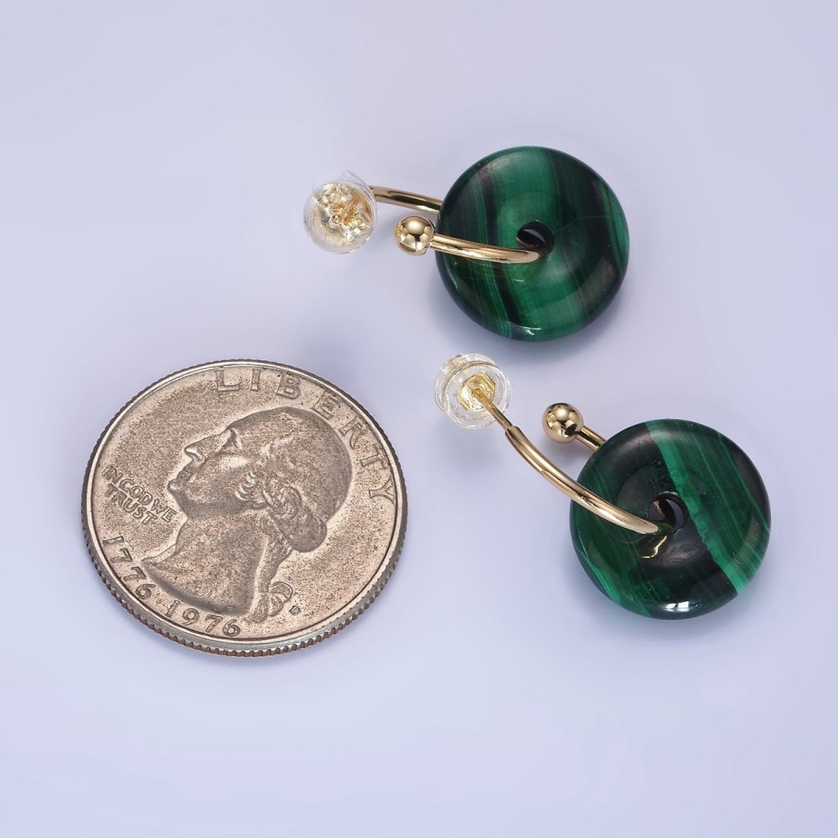 14K Gold Filled Malachite Gemstone Drop C-Shaped Hoop Earrings | AE531