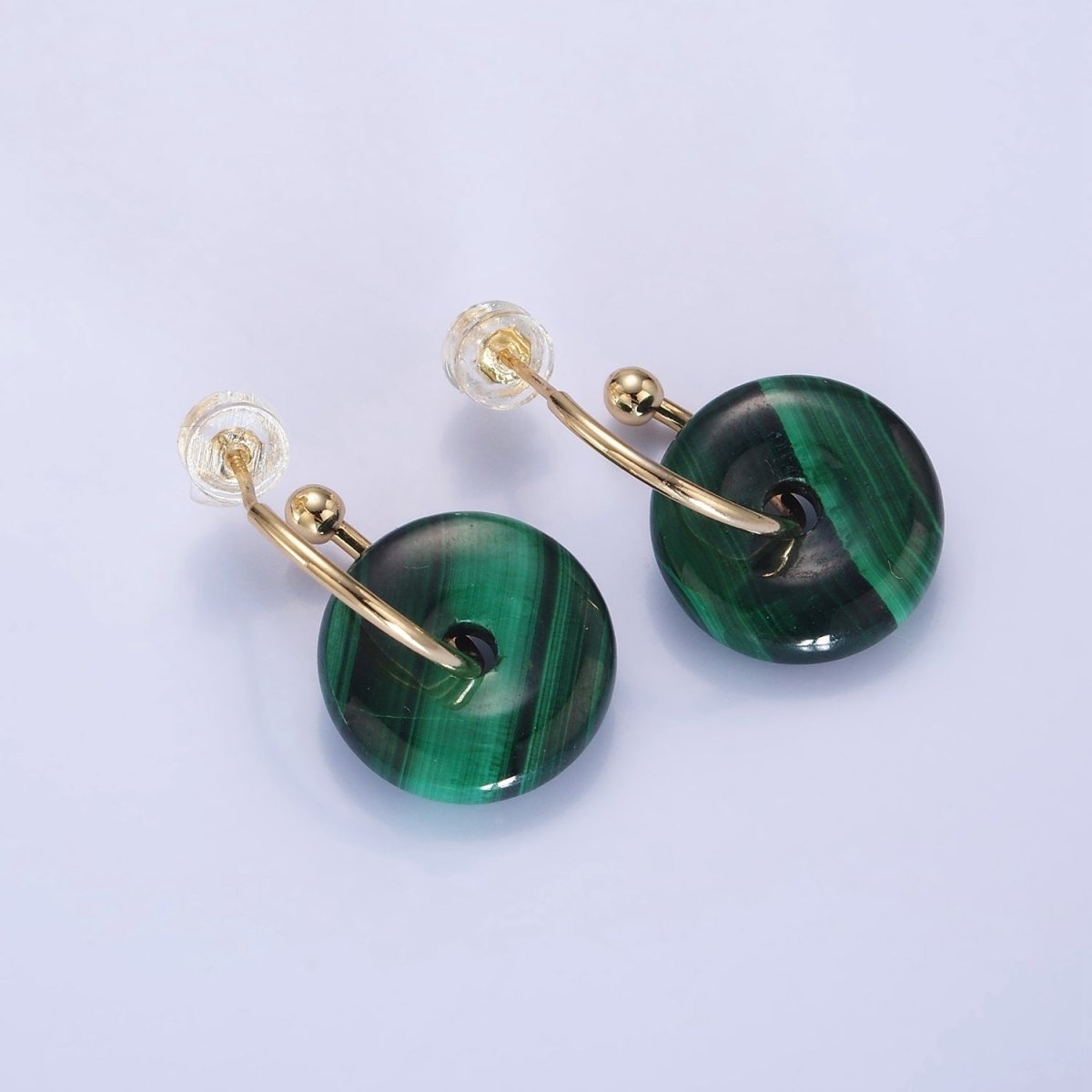14K Gold Filled Malachite Gemstone Drop C-Shaped Hoop Earrings | AE531