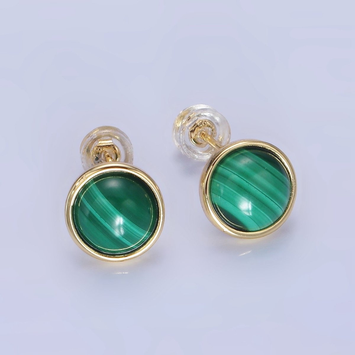 14K Gold Filled Malachite Gemstone Round Bezel Stud Earrings | AB1404