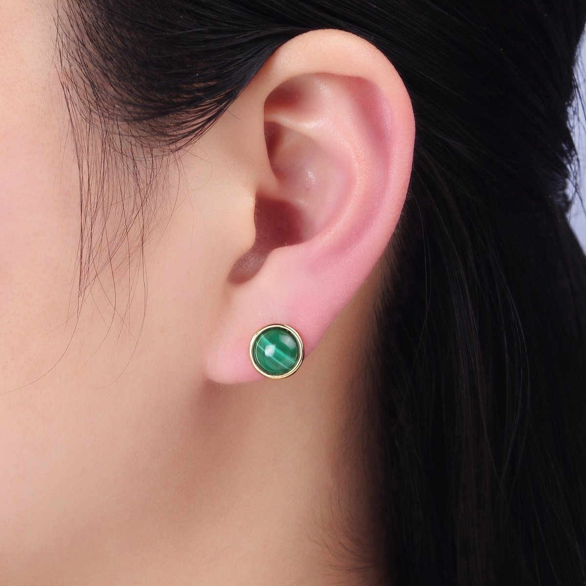 14K Gold Filled Malachite Gemstone Round Bezel Stud Earrings | AB1404