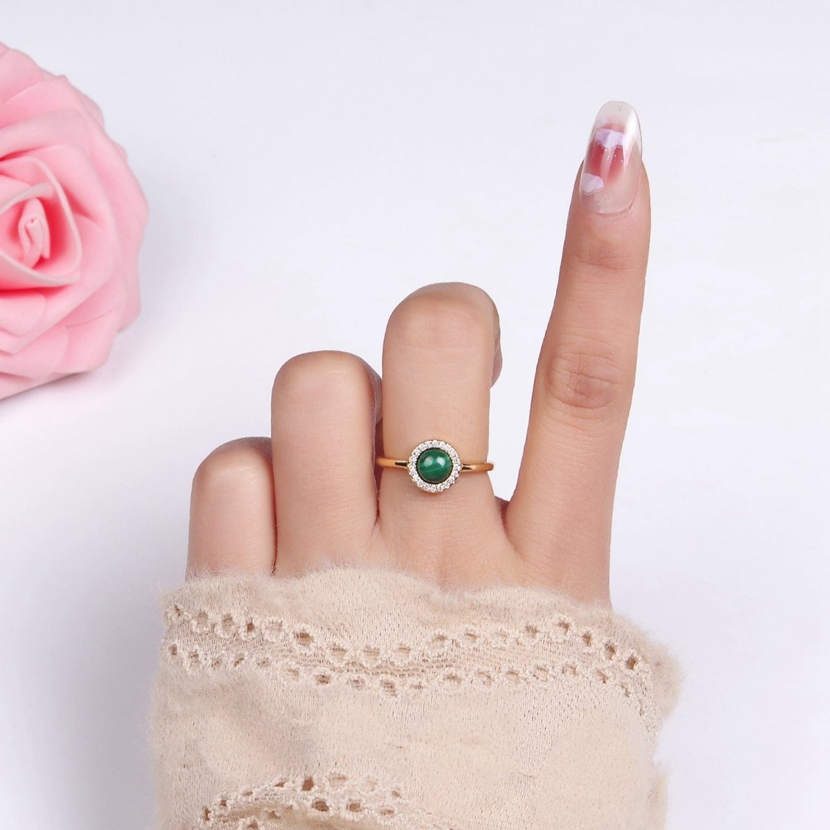 14K Gold Filled Malachite Micro Paved CZ Round Ring | O1356