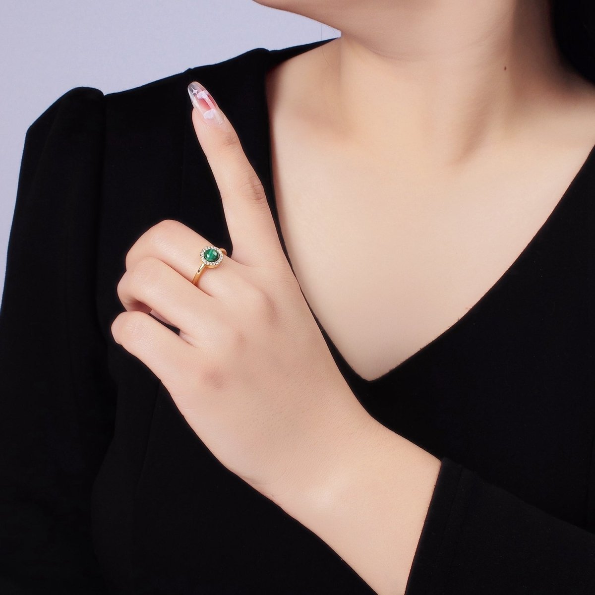 14K Gold Filled Malachite Micro Paved CZ Round Ring | O1356