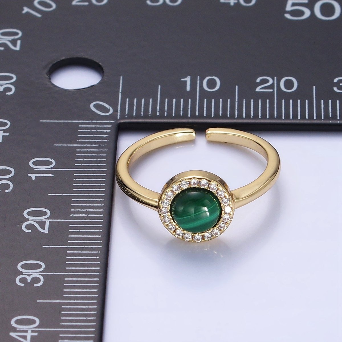 14K Gold Filled Malachite Micro Paved CZ Round Ring | O1356