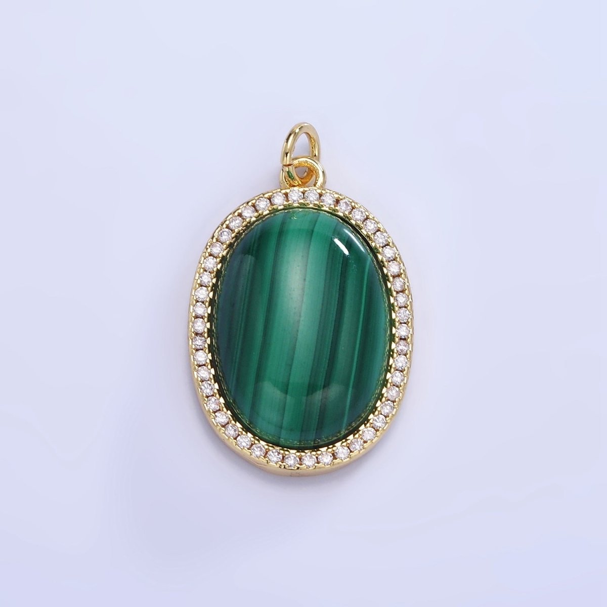 14K Gold Filled Malachite Oval Micro Paved CZ Bezel Charm | W667
