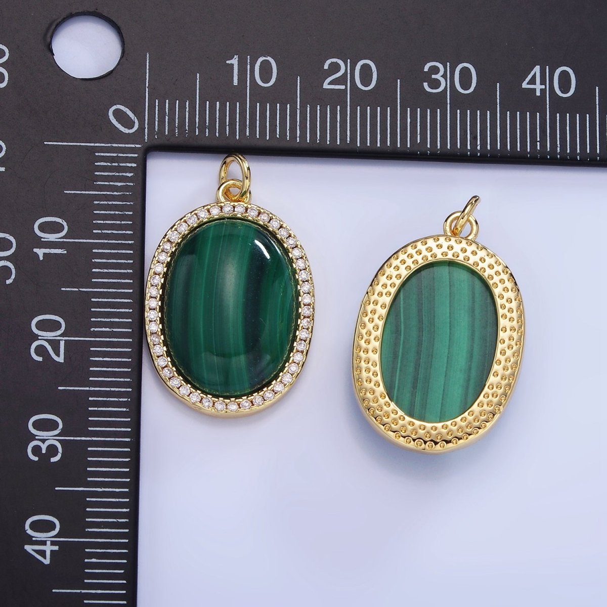 14K Gold Filled Malachite Oval Micro Paved CZ Bezel Charm | W667