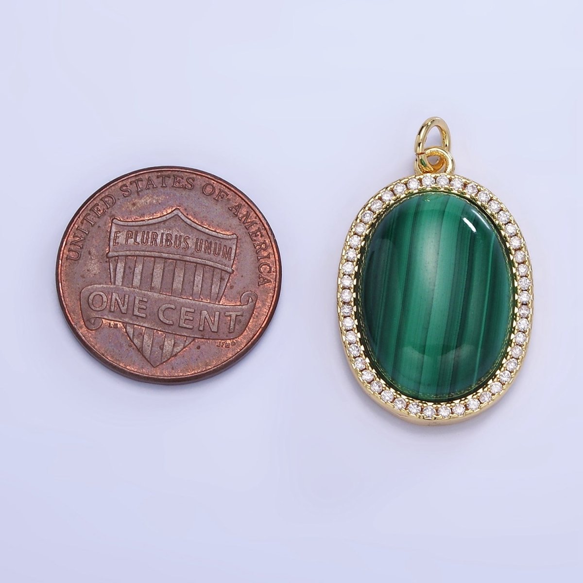 14K Gold Filled Malachite Oval Micro Paved CZ Bezel Charm | W667