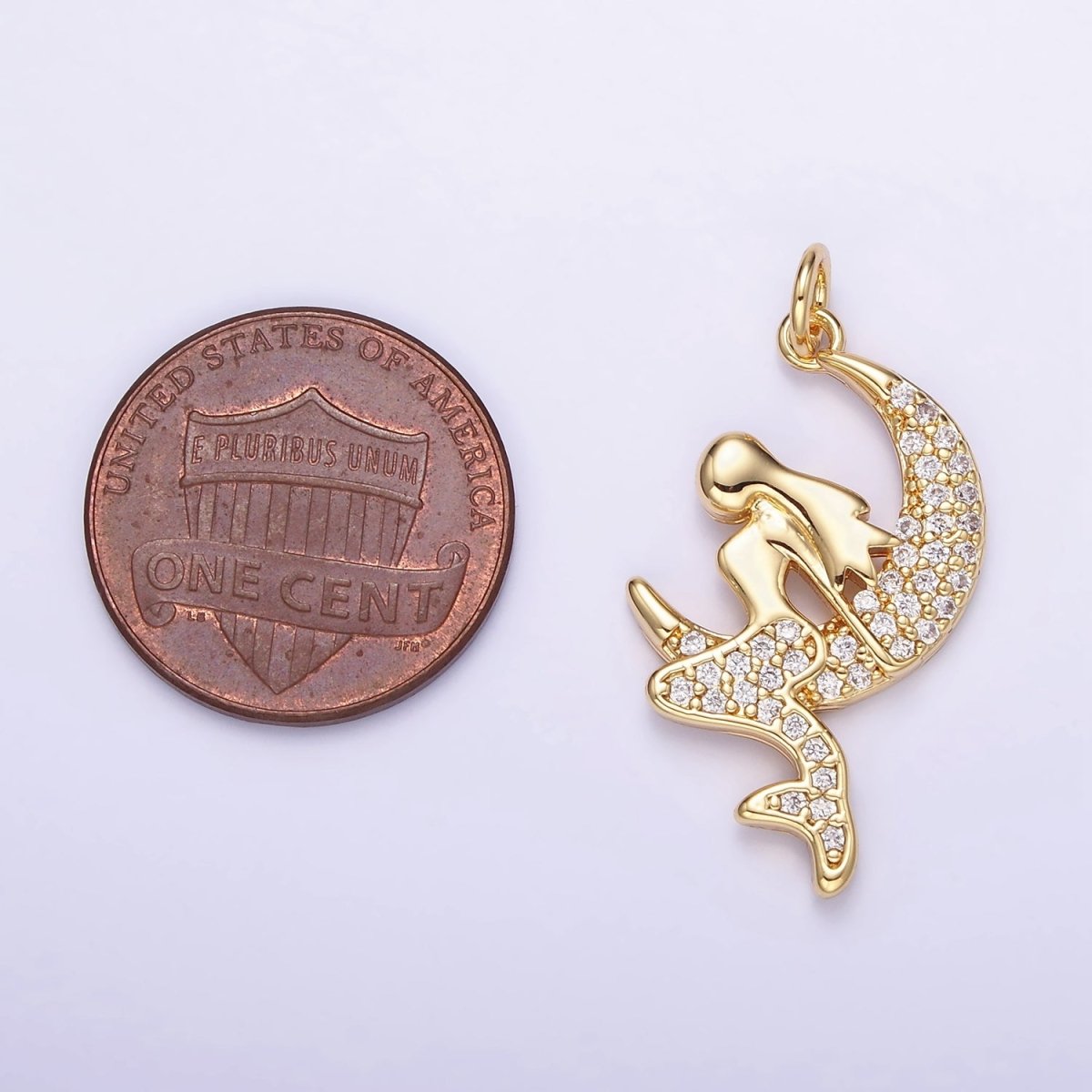 14K Gold Filled Mermaid Crescent Moon Micro Paved CZ Charm | W624