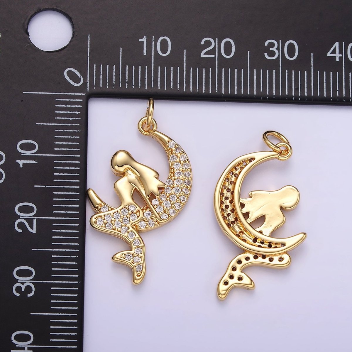 14K Gold Filled Mermaid Crescent Moon Micro Paved CZ Charm | W624
