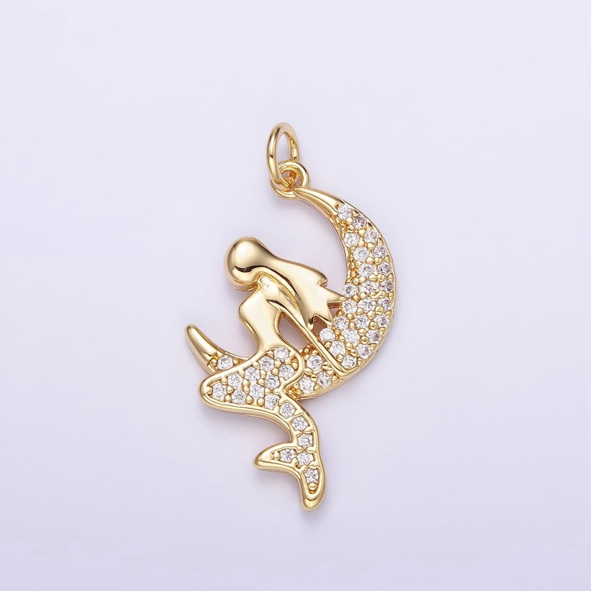 14K Gold Filled Mermaid Crescent Moon Micro Paved CZ Charm | W624