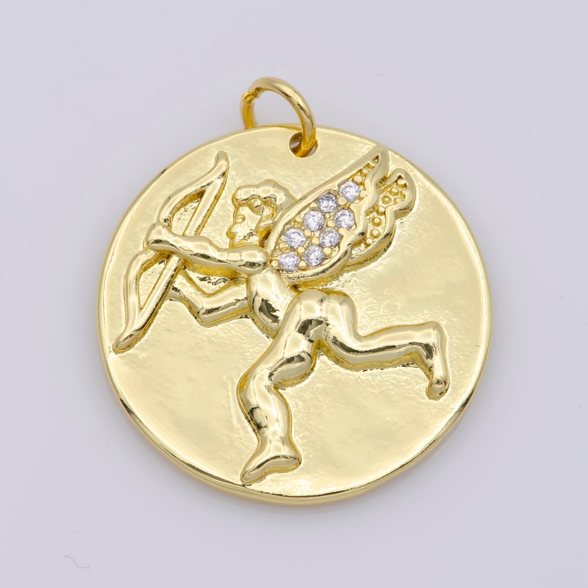 14K Gold Filled Micro Paved CZ Cupid Angel Coin Charm M-485