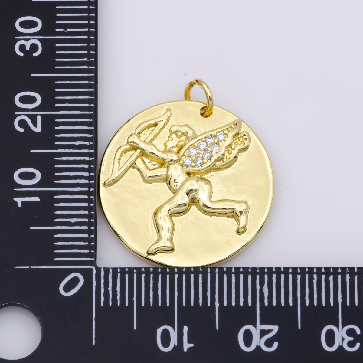 14K Gold Filled Micro Paved CZ Cupid Angel Coin Charm M-485