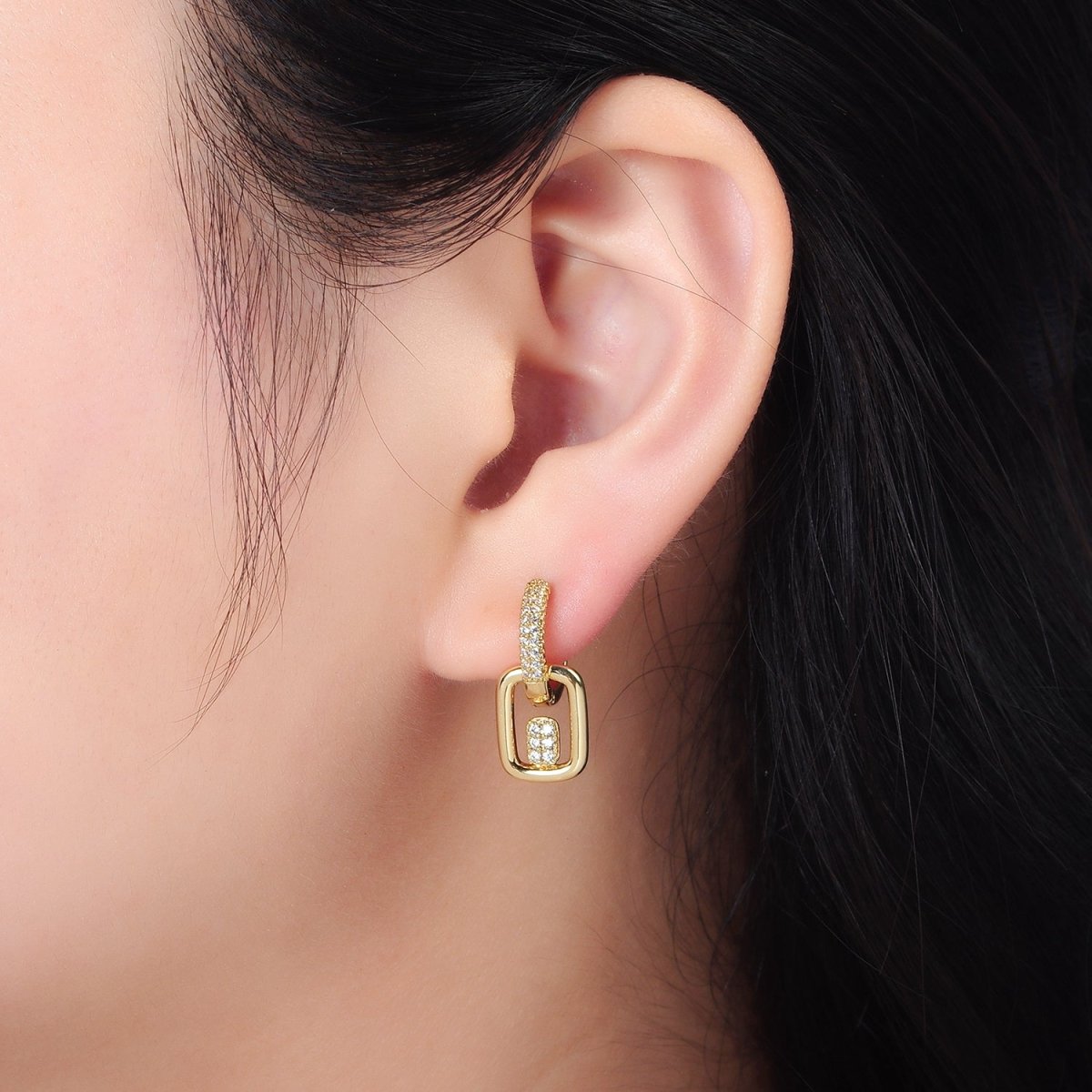 14K Gold Filled Micro Paved CZ Geometric Drop Huggie Earrings | AD647