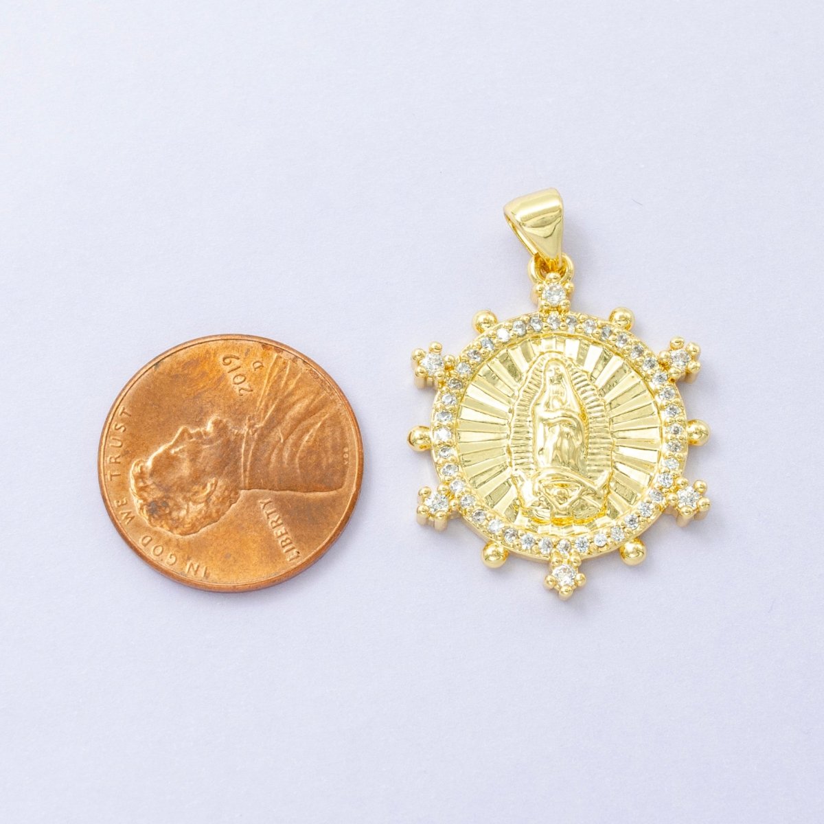 14K Gold Filled Mother Mary Lady Guadalupe Sunburst Micro Paved CZ Dotted Outline Pendant |  I-775