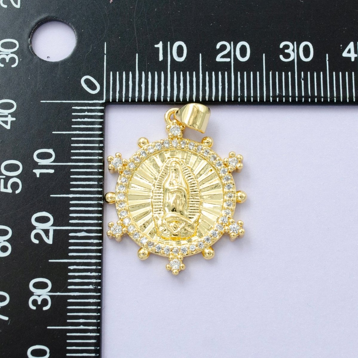 14K Gold Filled Mother Mary Lady Guadalupe Sunburst Micro Paved CZ Dotted Outline Pendant |  I-775