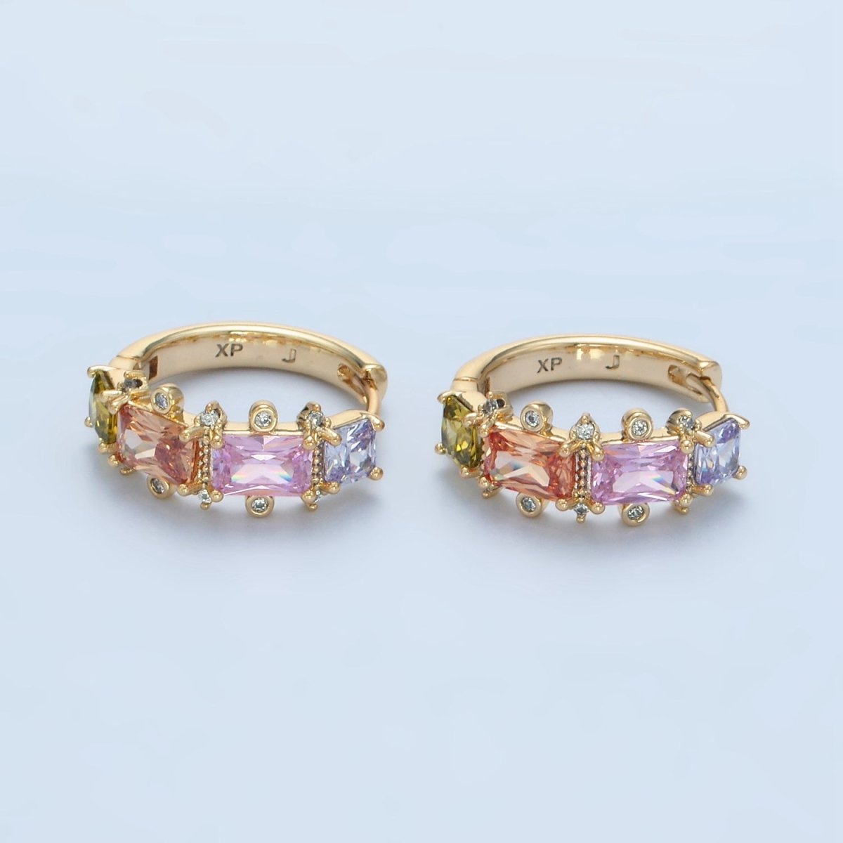 14K Gold Filled Multicolor Baguette Dotted CZ Huggie Earrings | AD618