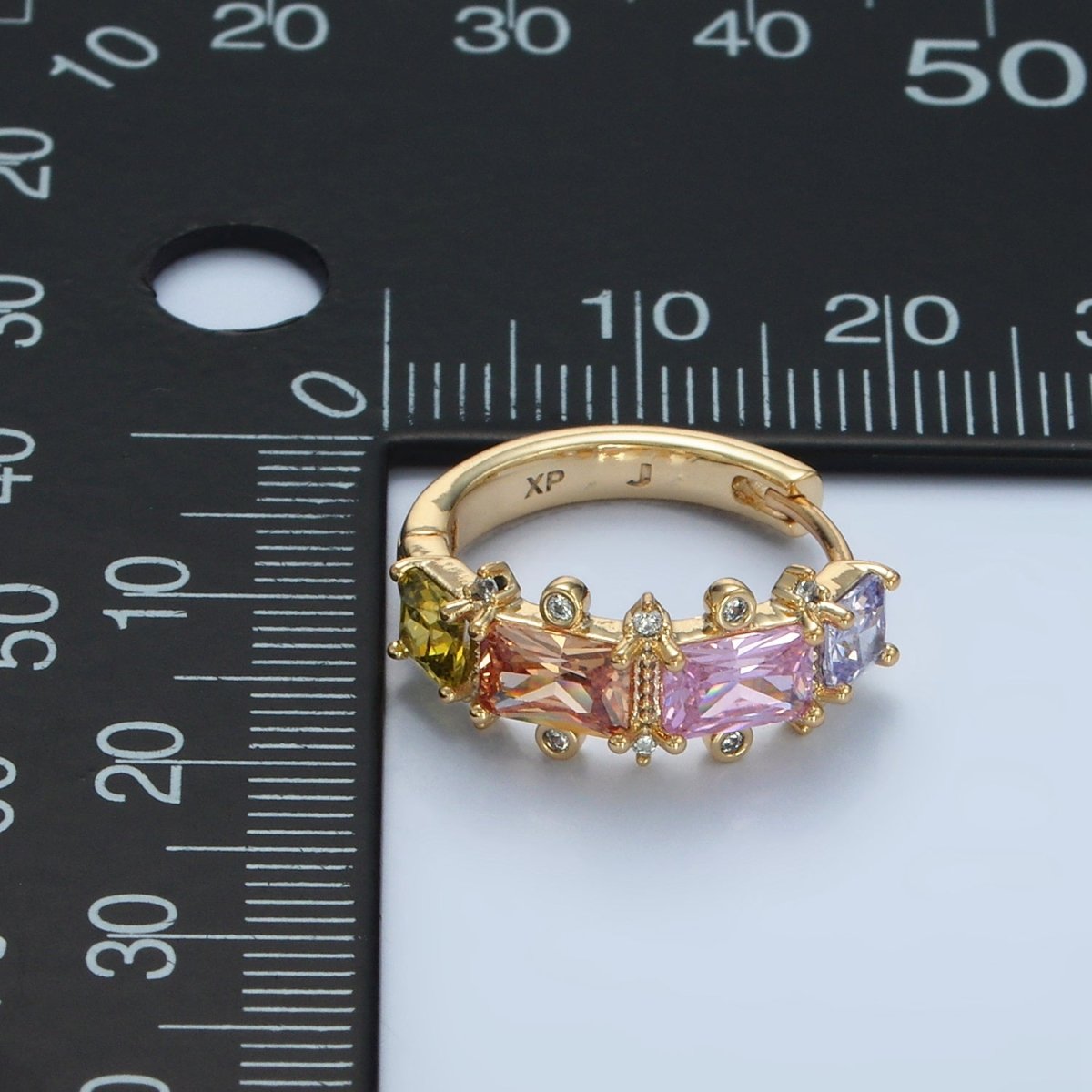 14K Gold Filled Multicolor Baguette Dotted CZ Huggie Earrings | AD618