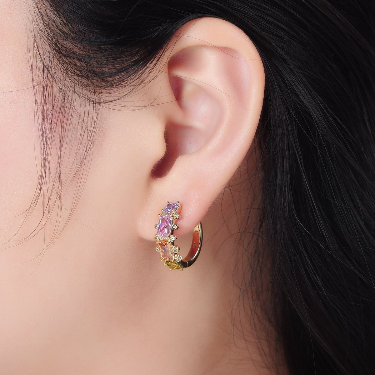 14K Gold Filled Multicolor Baguette Dotted CZ Huggie Earrings | AD618