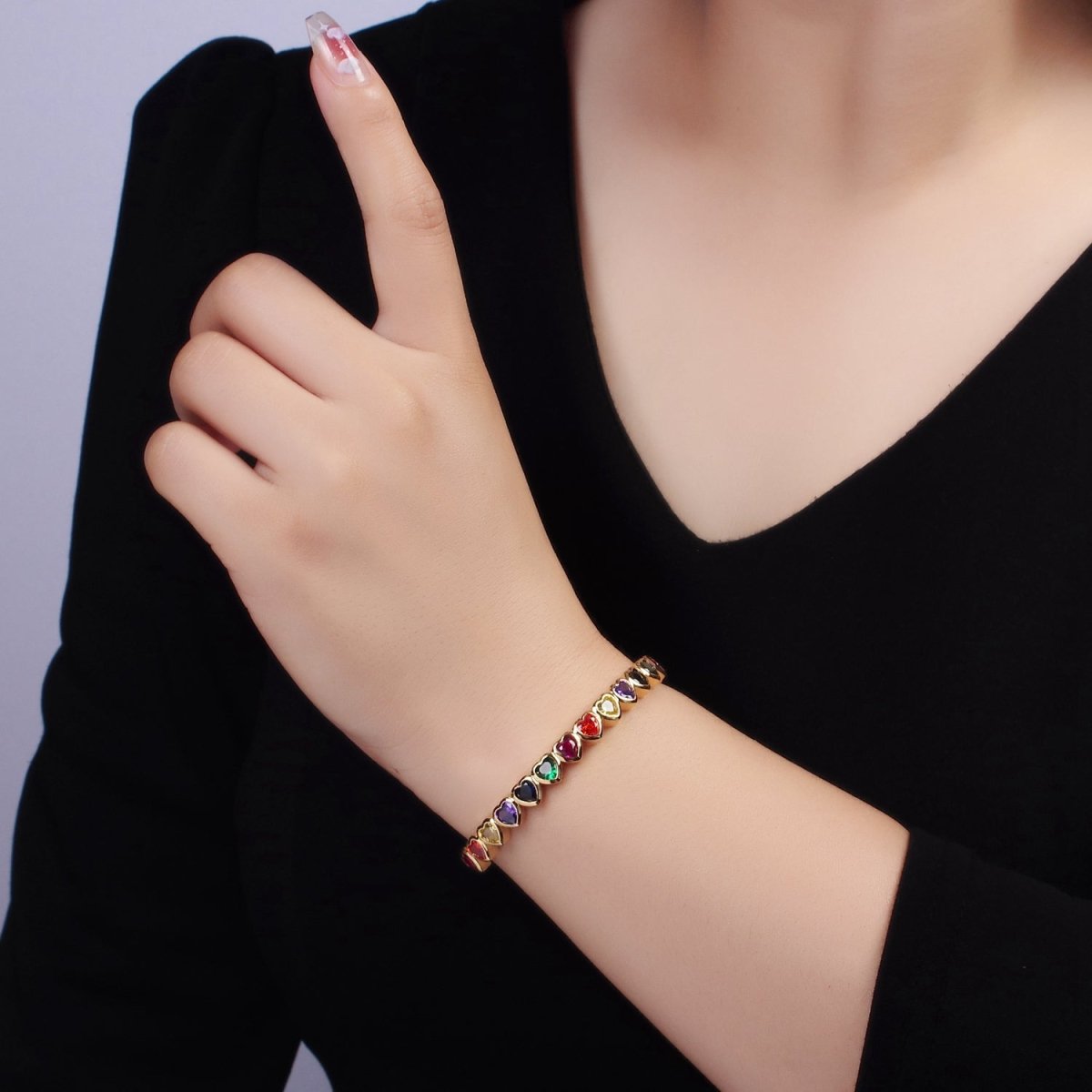 14K Gold Filled Multicolor, Clear CZ Heart Cuff Bracelet | WA-2525 WA-2526