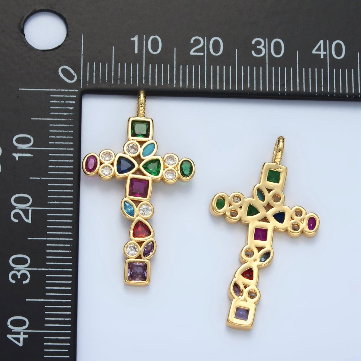 14K Gold Filled Multicolor CZ Geometric Religious Cross Pendant | I545