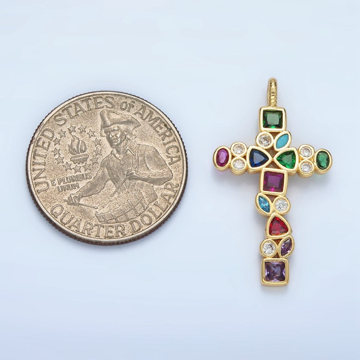 14K Gold Filled Multicolor CZ Geometric Religious Cross Pendant | I545