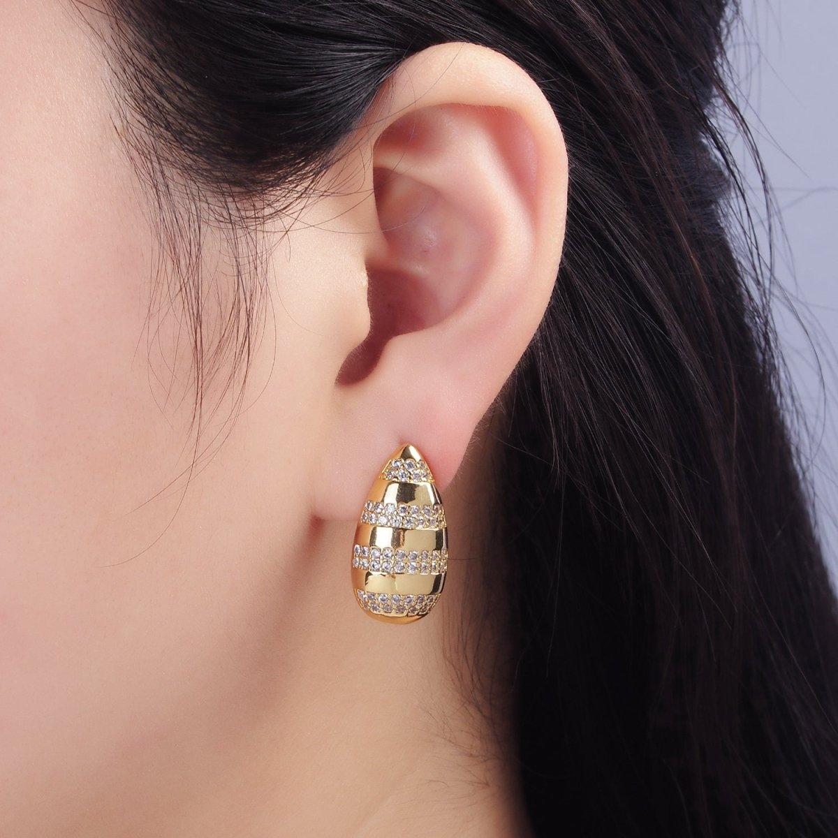 14K Gold Filled Multiple Micro Paved Line Teardrop Stud Earrings | P227