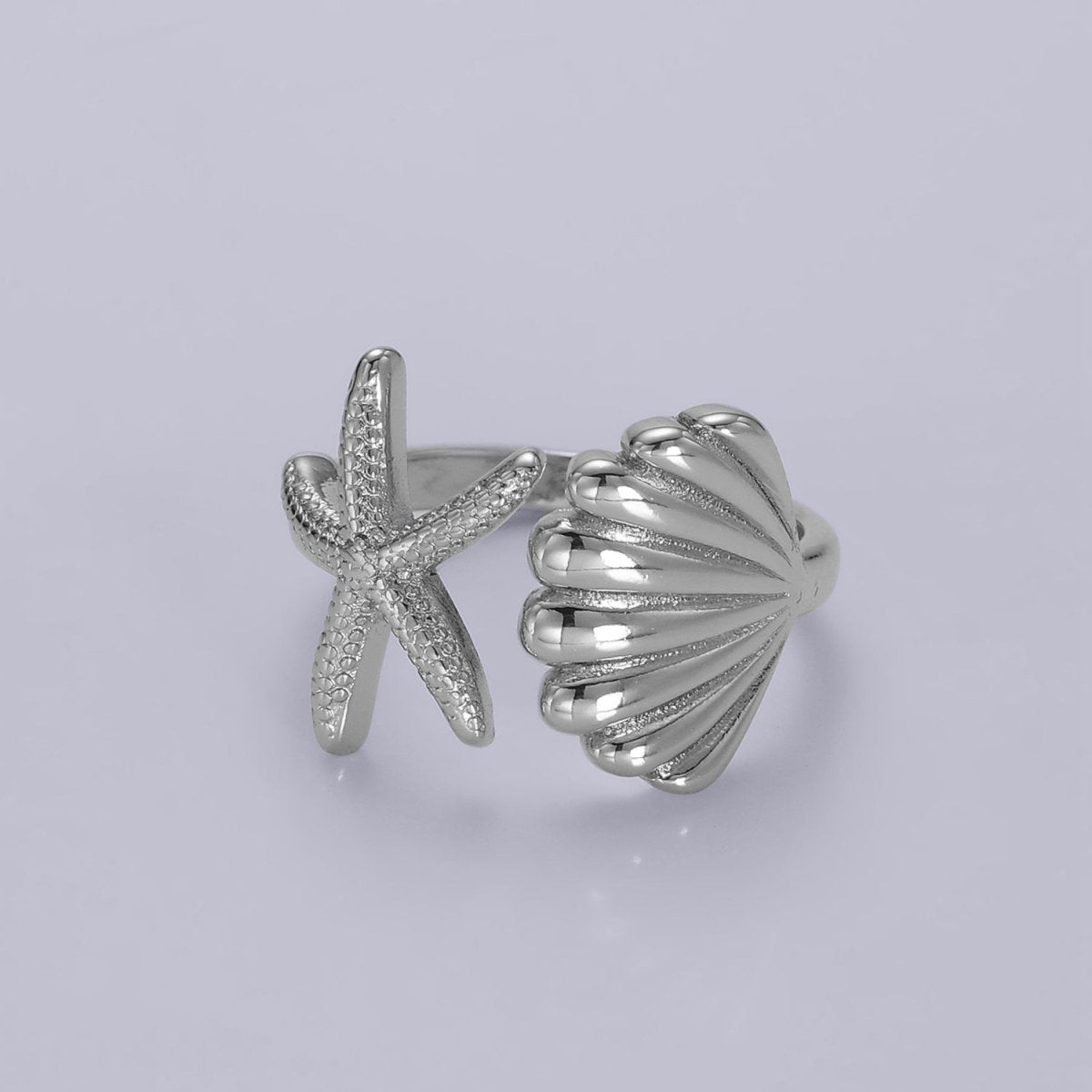 14K Gold Filled Ocean Starfish Clam Sea Shell Open Wrap Ring in Gold & Silver | O333