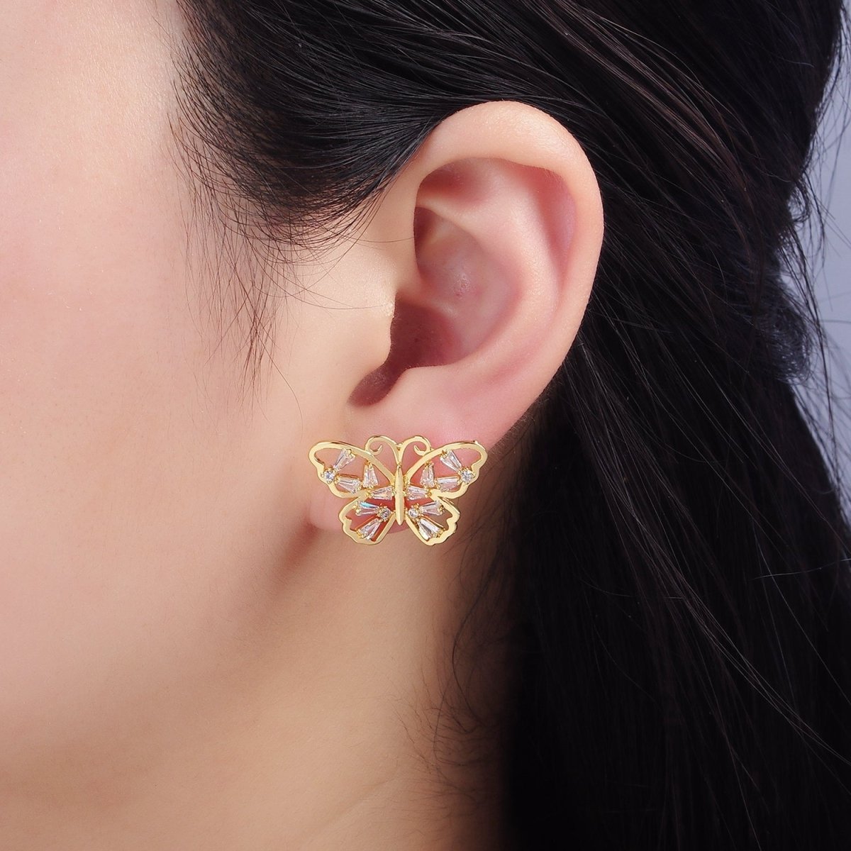 14K Gold Filled Open Baguette Butterfly Stud Earrings | Q196