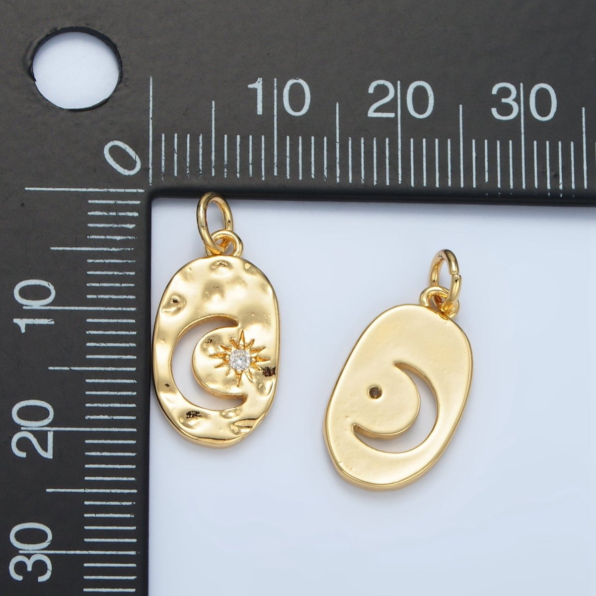 14K Gold Filled Open Celestial Crescent Moon Star CZ Hammered Oval Charm | AG878