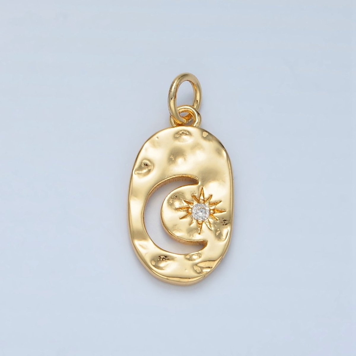 14K Gold Filled Open Celestial Crescent Moon Star CZ Hammered Oval Charm | AG878