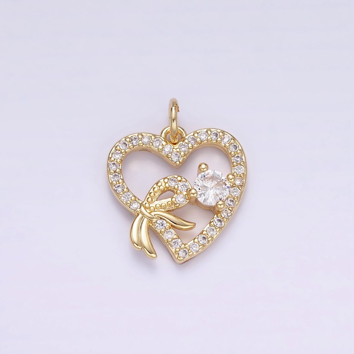 14K Gold Filled Open Heart Ribbon Micro Paved CZ Charm | W674