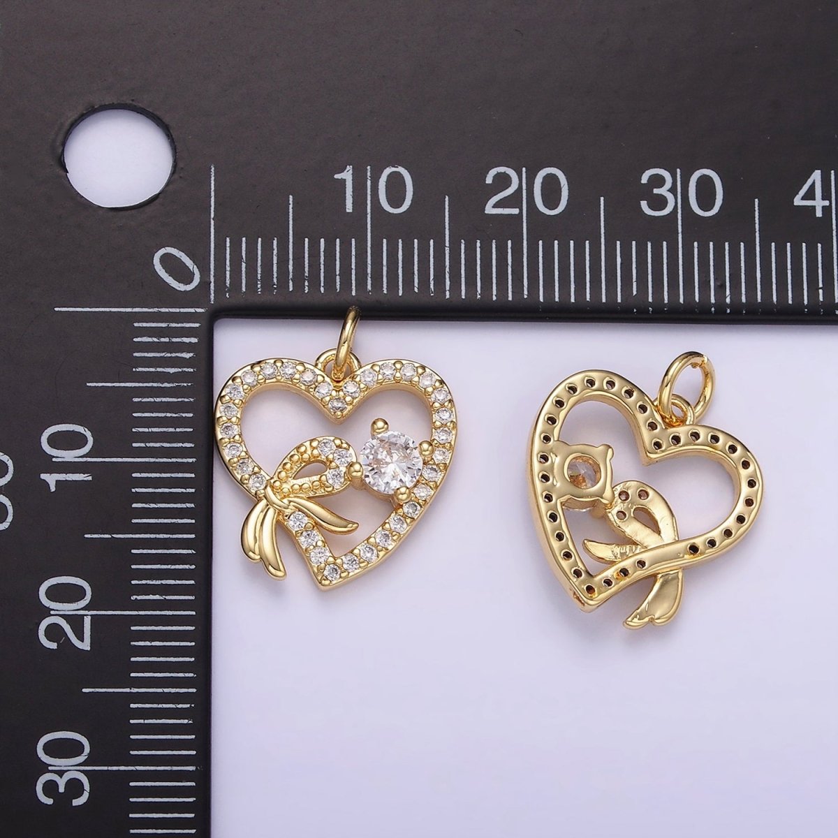 14K Gold Filled Open Heart Ribbon Micro Paved CZ Charm | W674