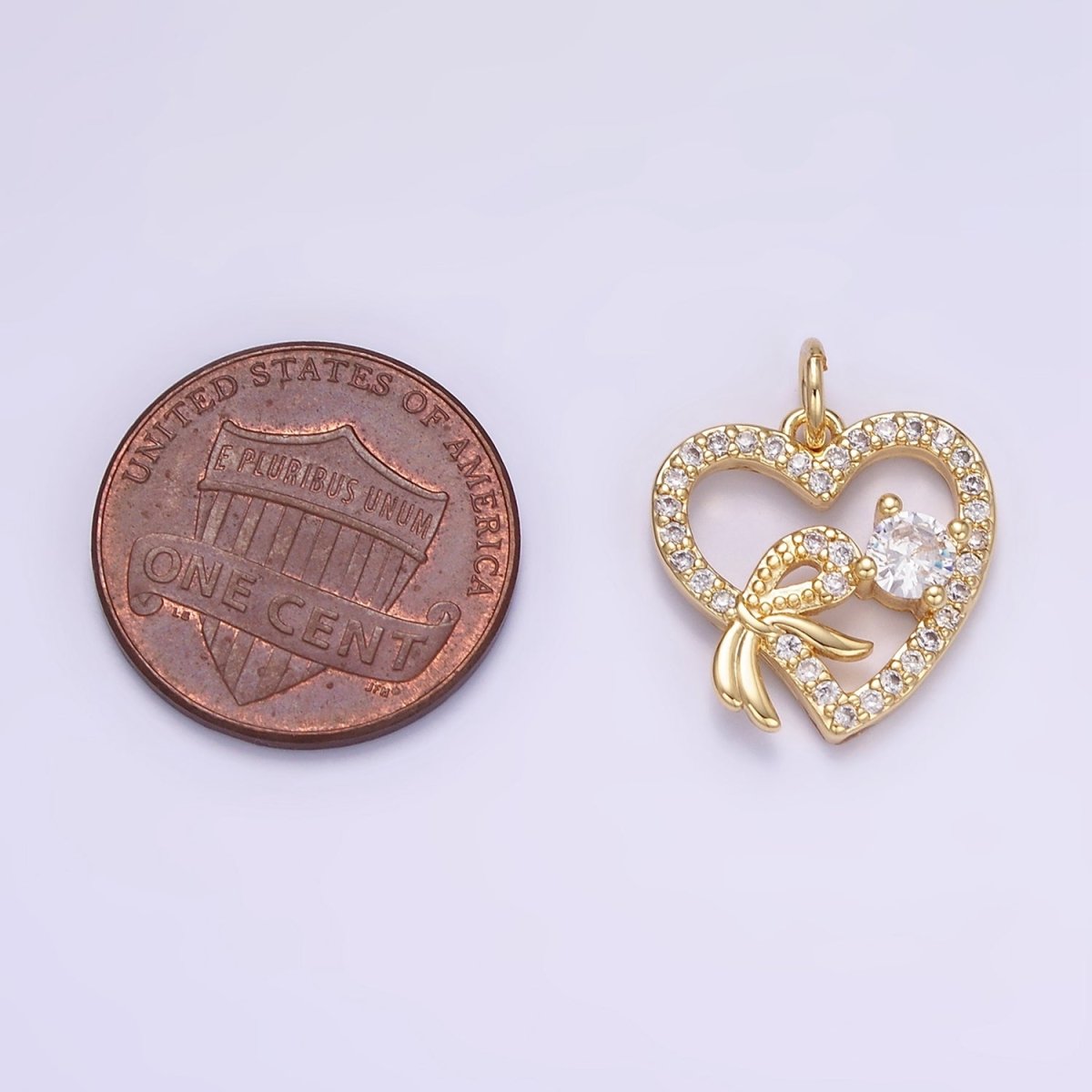 14K Gold Filled Open Heart Ribbon Micro Paved CZ Charm | W674