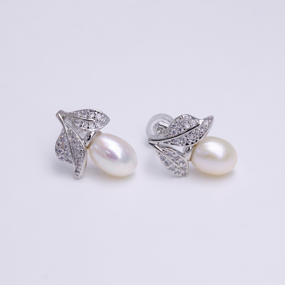 14K Gold Filled Pearl Micro Paved CZ Leaf Stud Earrings in Gold & Silver | AD-381 AE-794