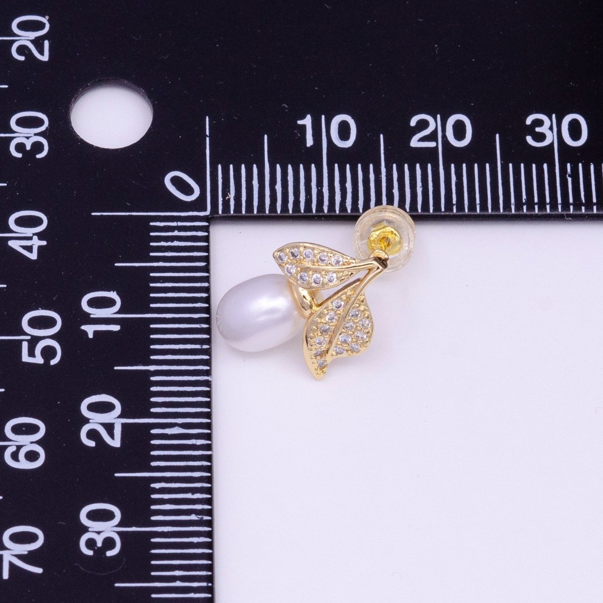 14K Gold Filled Pearl Micro Paved CZ Leaf Stud Earrings in Gold & Silver | AD-381 AE-794