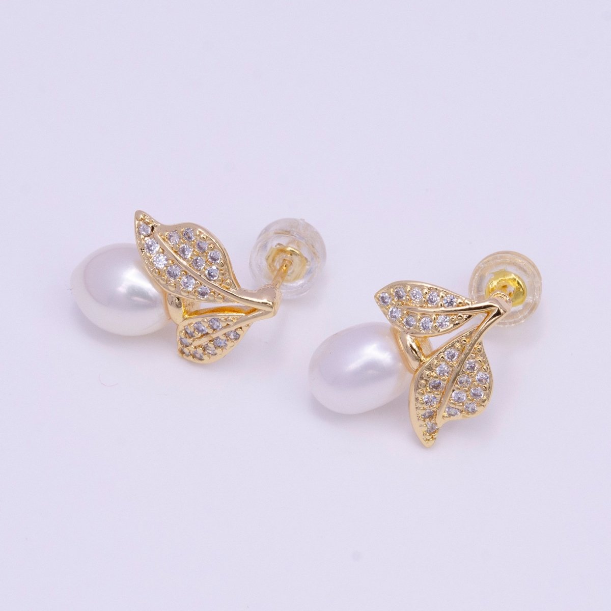 14K Gold Filled Pearl Micro Paved CZ Leaf Stud Earrings in Gold & Silver | AD-381 AE-794