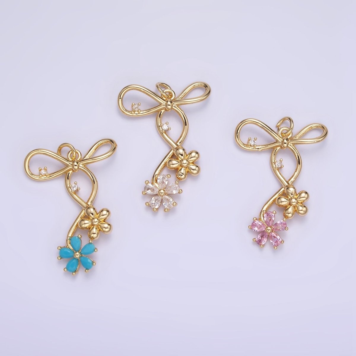 14K Gold Filled Pink, Blue, Clear CZ Flower Ribbon Bow Charm | W770 - W772