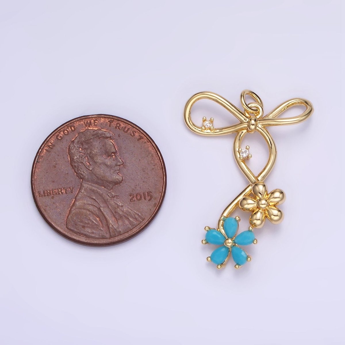 14K Gold Filled Pink, Blue, Clear CZ Flower Ribbon Bow Charm | W770 - W772