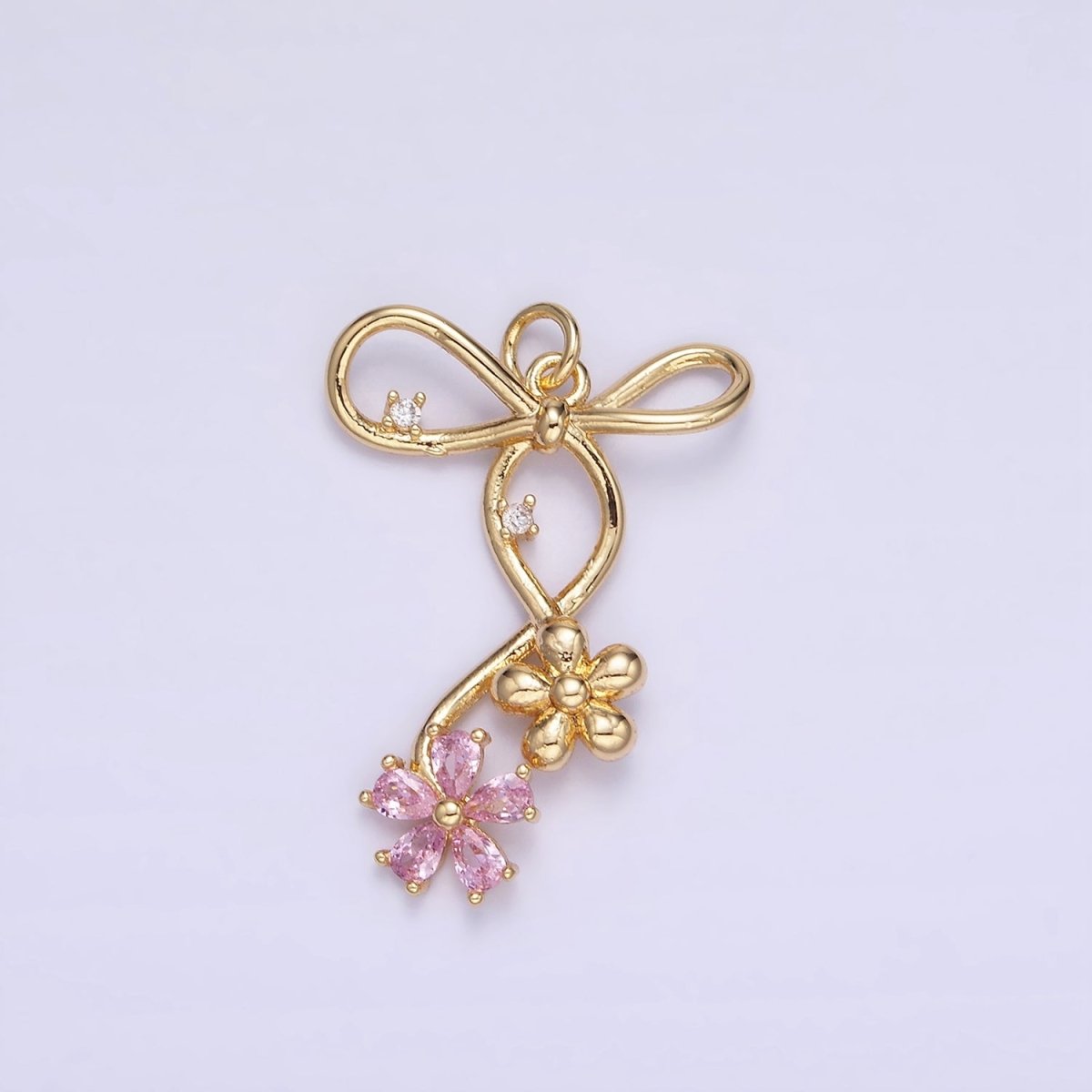 14K Gold Filled Pink, Blue, Clear CZ Flower Ribbon Bow Charm | W770 - W772