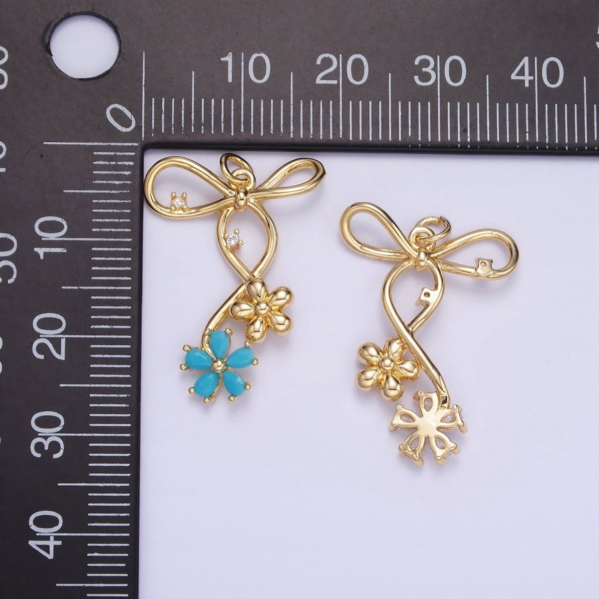 14K Gold Filled Pink, Blue, Clear CZ Flower Ribbon Bow Charm | W770 - W772