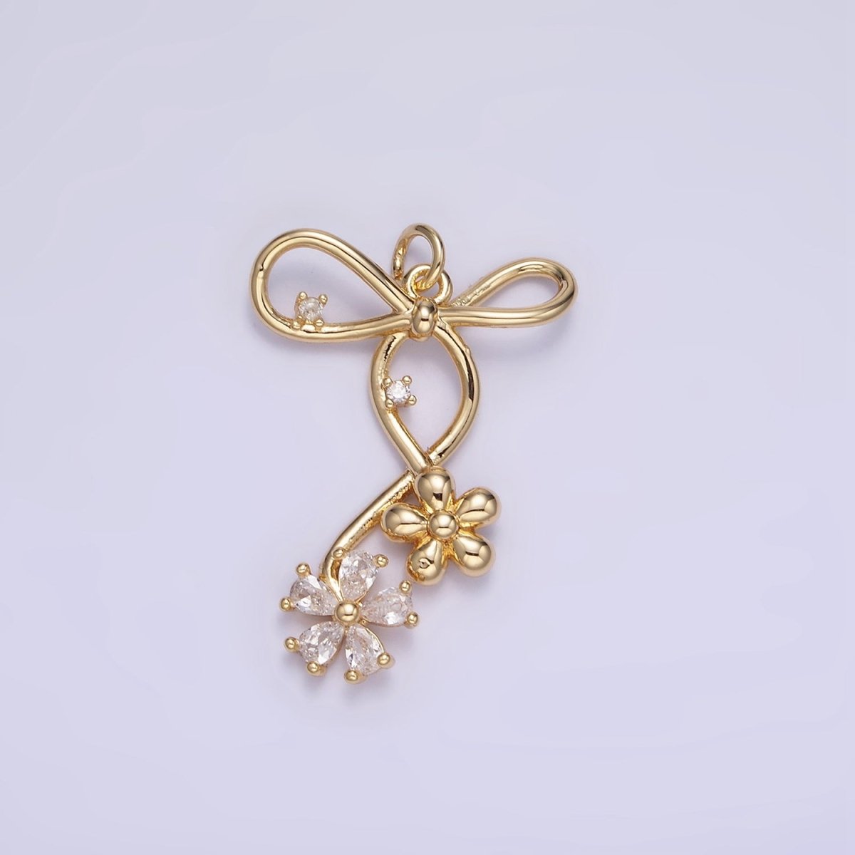 14K Gold Filled Pink, Blue, Clear CZ Flower Ribbon Bow Charm | W770 - W772