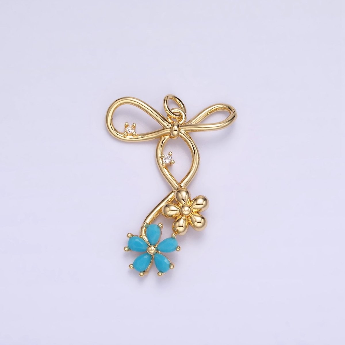 14K Gold Filled Pink, Blue, Clear CZ Flower Ribbon Bow Charm | W770 - W772