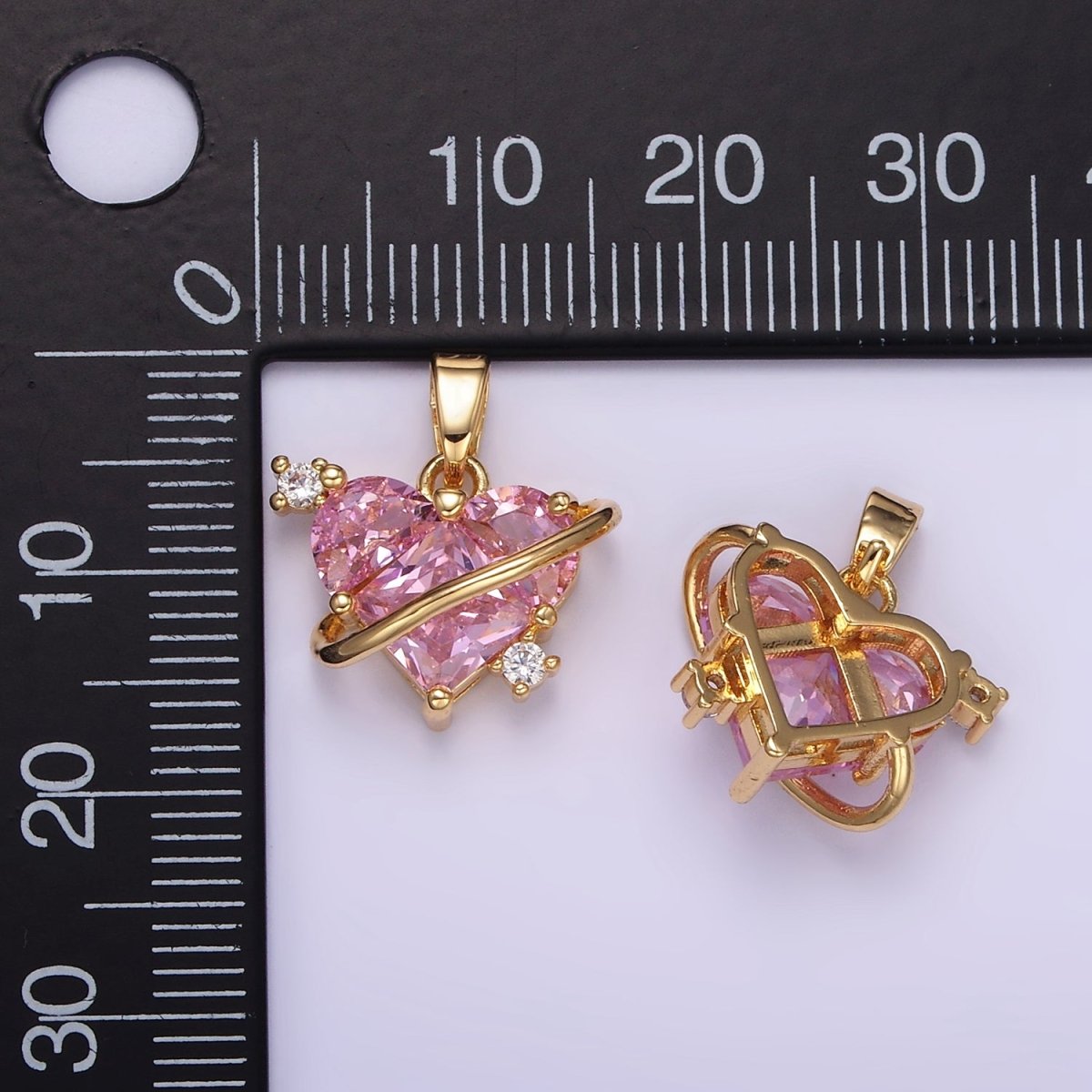14K Gold Filled Pixel Heart Pink CZ Lined Pendant | AA060