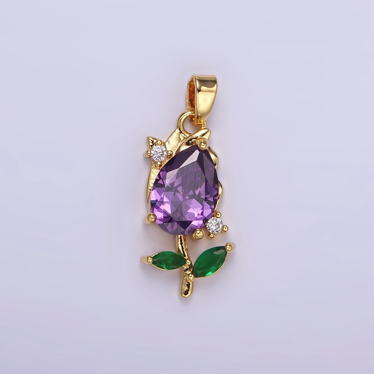 14K Gold Filled Purple, Clear CZ Floral Rose Pendant | AA061