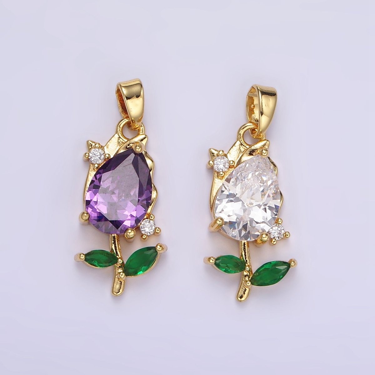 14K Gold Filled Purple, Clear CZ Floral Rose Pendant | AA061
