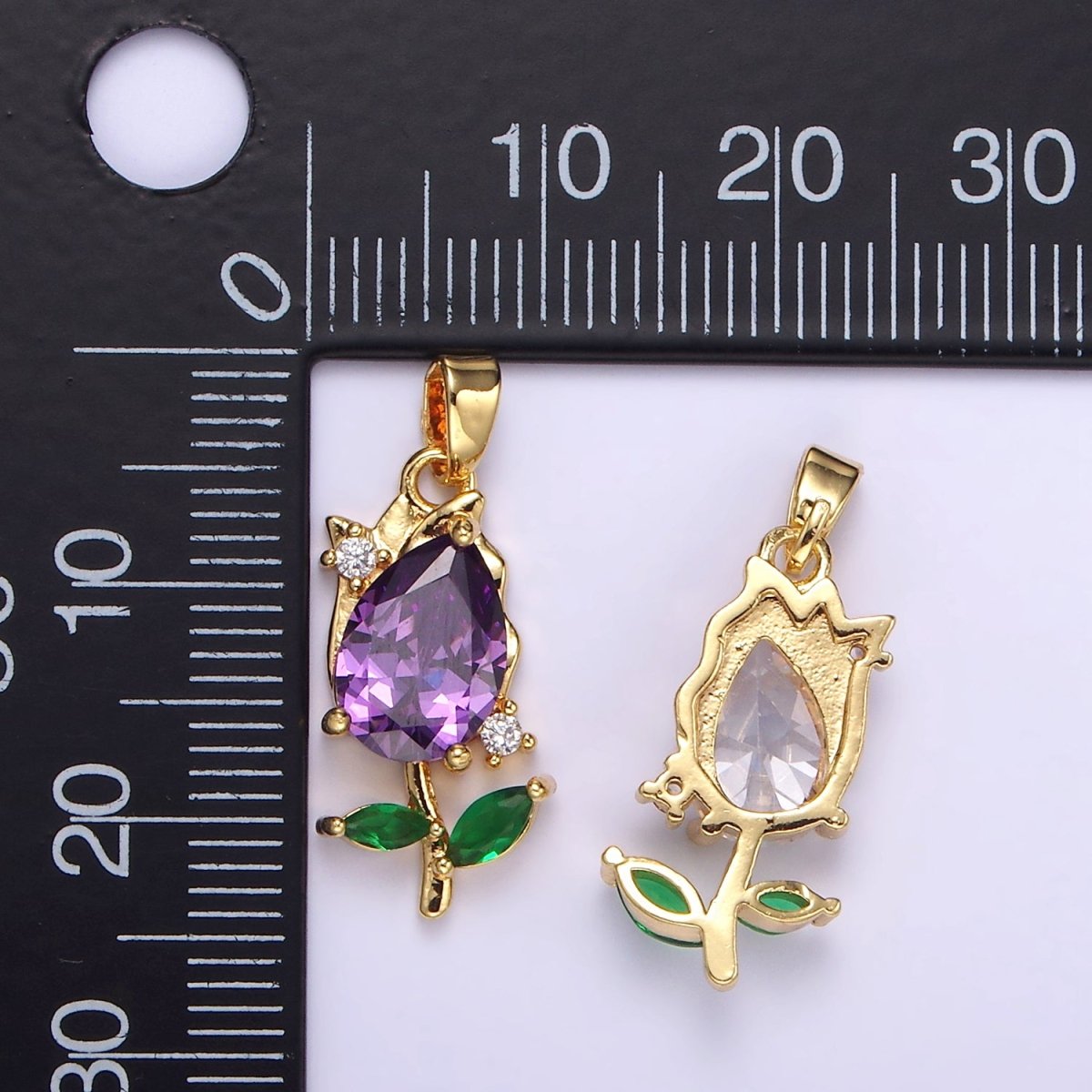 14K Gold Filled Purple, Clear CZ Floral Rose Pendant | AA061